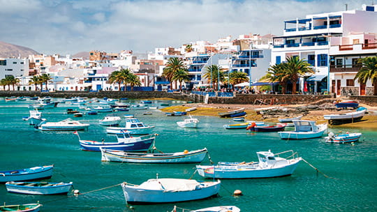 White houses lining the harbour in Arrecife, Lanzarote